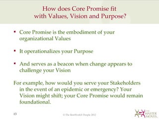How does Core Promise fit
        with Values, Vision and Purpose?

 Core Promise is the embodiment of your
  organizatio...