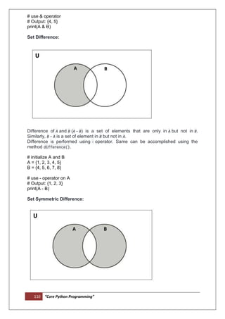 110 “Core Python Programming”
# use & operator
# Output: {4, 5}
print(A & B)
Set Difference:
Difference of A and B (A - B) is a set of elements that are only in A but not in B.
Similarly, B - A is a set of element in B but not in A.
Difference is performed using - operator. Same can be accomplished using the
method difference().
# initialize A and B
A = {1, 2, 3, 4, 5}
B = {4, 5, 6, 7, 8}
# use - operator on A
# Output: {1, 2, 3}
print(A - B)
Set Symmetric Difference:
 