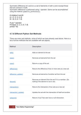 111 “Core Python Programming”
Symmetric Difference of A and B is a set of elements in both A and B except those
that are common in both.
Symmetric difference is performed using ^ operator. Same can be accomplished
using the method symmetric_difference().
# initialize A and B
A = {1, 2, 3, 4, 5}
B = {4, 5, 6, 7, 8}
# use ^ operator
# Output: {1, 2, 3, 6, 7, 8}
print(A ^ B)
4.7.6 Different Python Set Methods
There are many set methods, some of which we have already used above. Here is a
list of all the methods that are available with set objects.
Method Description
add() Adds an element to the set
clear() Removes all elements from the set
copy() Returns a copy of the set
difference() Returns the difference of two or more sets as a new set
difference_update() Removes all elements of another set from this set
discard()
Removes an element from the set if it is a member. (Do
nothing if the element is not in set)
intersection() Returns the intersection of two sets as a new set
intersection_update() Updates the set with the intersection of itself and another
isdisjoint() Returns True if two sets have a null intersection
 