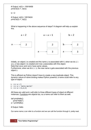 31 “Core Python Programming”
# Output: id(3) = 10919456
print('id(3) =', id(3))
b = 2
# Output: id(2)= 10919424
print('id(2) =', id(2))
What is happening in the above sequence of steps? A diagram will help us explain
this.
Initially, an object 2 is created and the name a is associated with it, when we do a =
a+1, a new object 3 is created and now a associates with this object.
Note that id(a) and id(3) have same values.
Furthermore, when we do b = 2, the new name b gets associated with the previous
object 2.
This is efficient as Python doesn't have to create a new duplicate object. This
dynamic nature of name binding makes Python powerful; a name could refer to any
type of object.
1. >>> a = 5
2. >>> a = 'Hello World!'
3. >>> a = [1,2,3]
All these are valid and a will refer to three different types of object at different
instances. Functions are objects too, so a name can refer to them as well.
def printHello():
print("Hello")
a = printHello()
# Output: Hello
Our same name a can refer to a function and we can call the function through it, pretty neat.
 