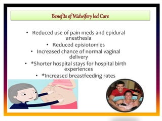 CORE ROLE OF
MIDWIFE• Reduced use of pain meds and epidural
anesthesia
• Reduced episiotomies
• Increased chance of normal vaginal
delivery
• *Shorter hospital stays for hospital birth
experiences
• *Increased breastfeeding rates
Benefits of Midwifery led Care
 
