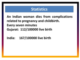 CORE ROLE OF
MIDWIFE
Statistics
An Indian woman dies from complications
related to pregnancy and childbirth.
Every seven minutes
Gujarat: 112/100000 live birth
India: 167/100000 live birth
 
