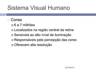 Sistema Visual Humano
5


       Cones
        6 a 7 milhões
         Localizados na região central da retina

         Sensíveis ao alto nível de iluminação

         Responsáveis pela percepção das cores

         Oferecem alta resolução




                                         22/04/2010
 