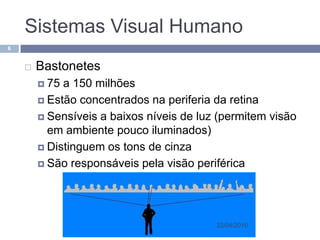 Sistemas Visual Humano
6


       Bastonetes
         75 a 150 milhões
         Estão concentrados na periferia da retina

         Sensíveis a baixos níveis de luz (permitem visão
          em ambiente pouco iluminados)
         Distinguem os tons de cinza

         São responsáveis pela visão periférica




                                          22/04/2010
 