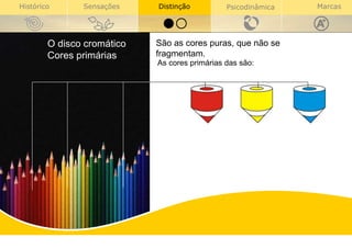 O disco cromático São as cores puras, que não se fragmentam. As cores primárias das são: Cores primárias 