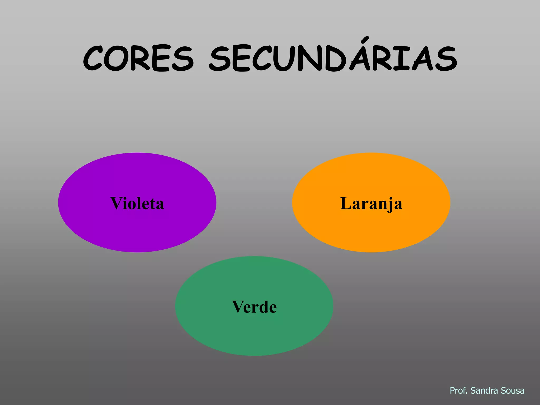 CORES SECUNDÁRIAS
Violeta Laranja
Verde
Prof. Sandra Sousa