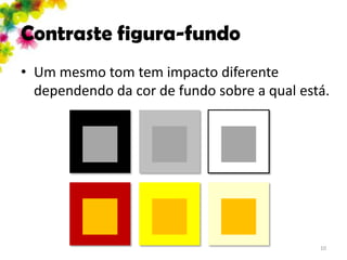 Contraste figura-fundo
• Um mesmo tom tem impacto diferente
  dependendo da cor de fundo sobre a qual está.




                                             10
 