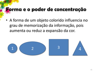 Forma e o poder de concentração
• A forma de um objeto colorido influencia no
  grau de memorização da informação, pois
  aumenta ou reduz a expansão da cor.



   1          2             3           4



                                                12
 