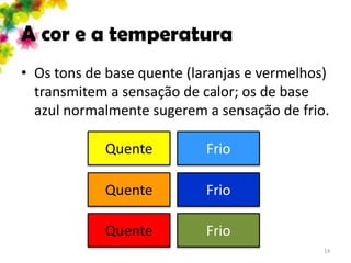 A cor e a temperatura
• Os tons de base quente (laranjas e vermelhos)
  transmitem a sensação de calor; os de base
  azul normalmente sugerem a sensação de frio.

            Quente          Frio

            Quente          Frio

            Quente          Frio
                                              14
 