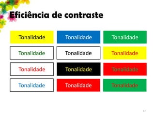 Eficiência de contraste

  Tonalidade   Tonalidade   Tonalidade

  Tonalidade   Tonalidade   Tonalidade

  Tonalidade   Tonalidade   Tonalidade

  Tonalidade   Tonalidade   Tonalidade



                                         17
 