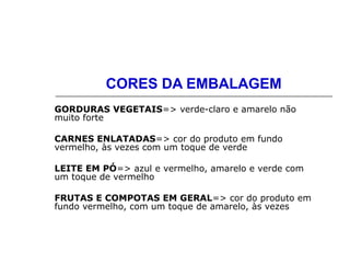 CORES DA EMBALAGEM
GORDURAS VEGETAIS=> verde-claro e amarelo não
muito forte
CARNES ENLATADAS=> cor do produto em fundo
vermelho, às vezes com um toque de verde
LEITE EM PÓ=> azul e vermelho, amarelo e verde com
um toque de vermelho
FRUTAS E COMPOTAS EM GERAL=> cor do produto em
fundo vermelho, com um toque de amarelo, às vezes
 
