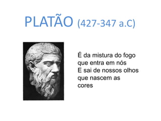 PLATÃO (427-347 a.C) 
É da mistura do fogo 
que entra em nós 
E sai de nossos olhos 
que nascem as 
cores 
 