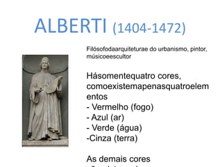 ALBERTI (1404-1472) 
Filósofodaarquiteturae do urbanismo, pintor, 
músicoeescultor 
Hásomentequatro cores, 
comoexistemapenasquatroelem 
entos 
- Vermelho (fogo) 
- Azul (ar) 
- Verde (água) 
-Cinza (terra) 
As demais cores 
sãomisturasdessas 
 