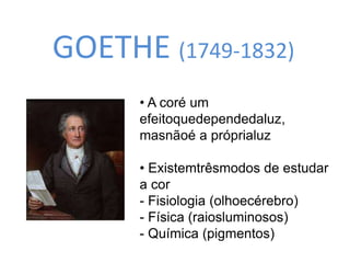 GOETHE (1749-1832) 
• A coré um 
efeitoquedependedaluz, 
masnãoé a próprialuz 
• Existemtrêsmodos de estudar 
a cor 
- Fisiologia (olhoecérebro) 
- Física (raiosluminosos) 
- Química (pigmentos) 
 