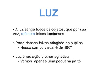 LUZ 
• A luz atinge todos os objetos, que por sua 
vez, refletem feixes luminosos 
• Parte desses feixes atingirão as pupilas 
- Nosso campo visual é de 180º 
• Luz é radiação eletromagnética 
- Vemos apenas uma pequena parte 
 