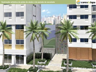                                                                                                                                                                                                                         Ilustração artística da pista de skate e da parede de escalada  
