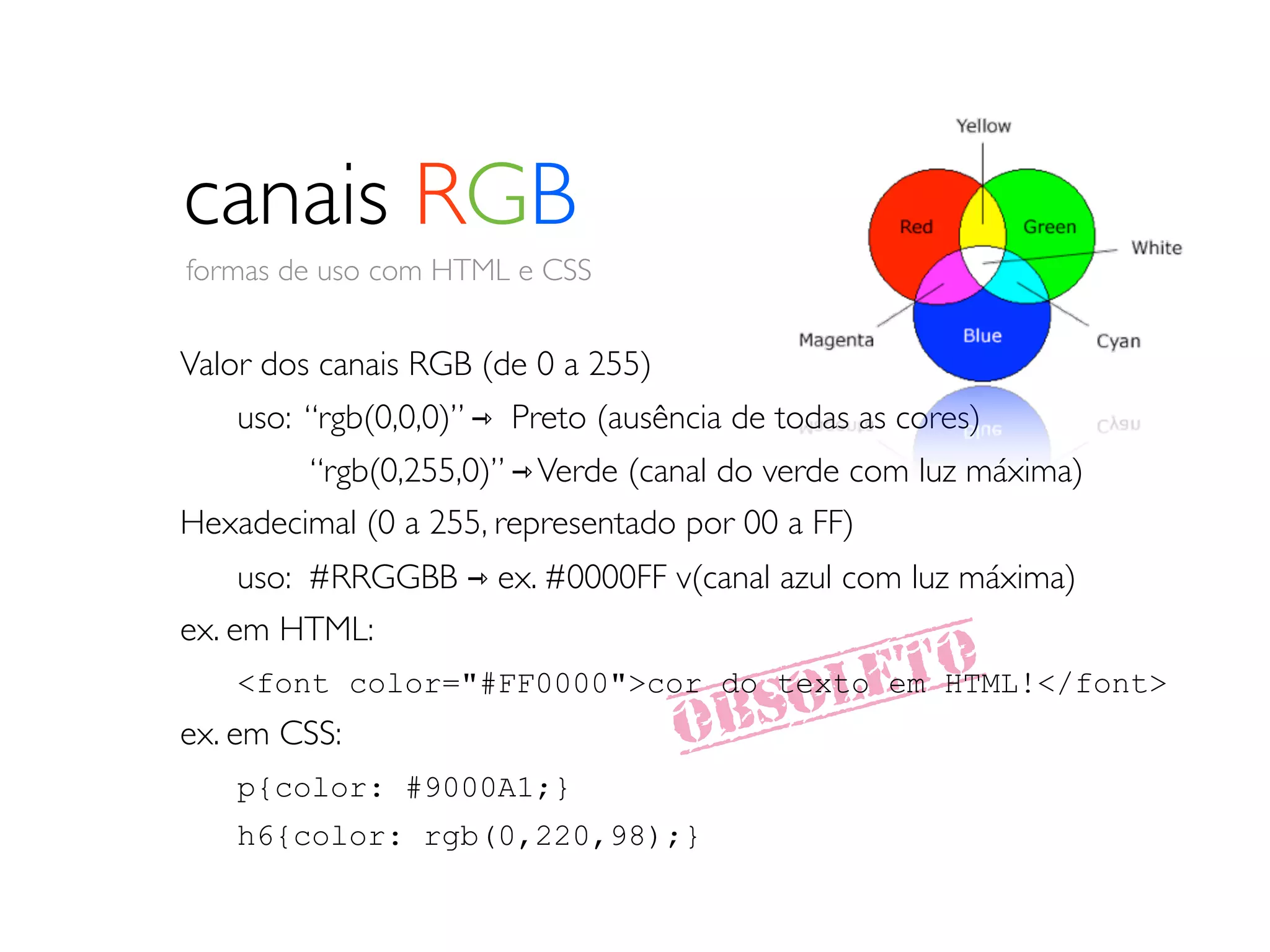 canais RGB
 formas de uso com HTML e CSS


Valor dos canais RGB (de 0 a 255)
	

   uso: “rgb(0,0,0)” ⇾ Preto (ausência de todas as cores)
	

 	

 “rgb(0,255,0)” ⇾ Verde (canal do verde com luz máxima)
Hexadecimal (0 a 255, representado por 00 a FF)
	

 uso: #RRGGBB ⇾ ex. #0000FF v(canal azul com luz máxima)
ex. em HTML:
                                          LETO
	

 <font color="#FF0000">cor do texto em HTML!</font>
ex. em CSS:                           OBSO
	

 p{color: #9000A1;}
      h6{color: rgb(0,220,98);}
 