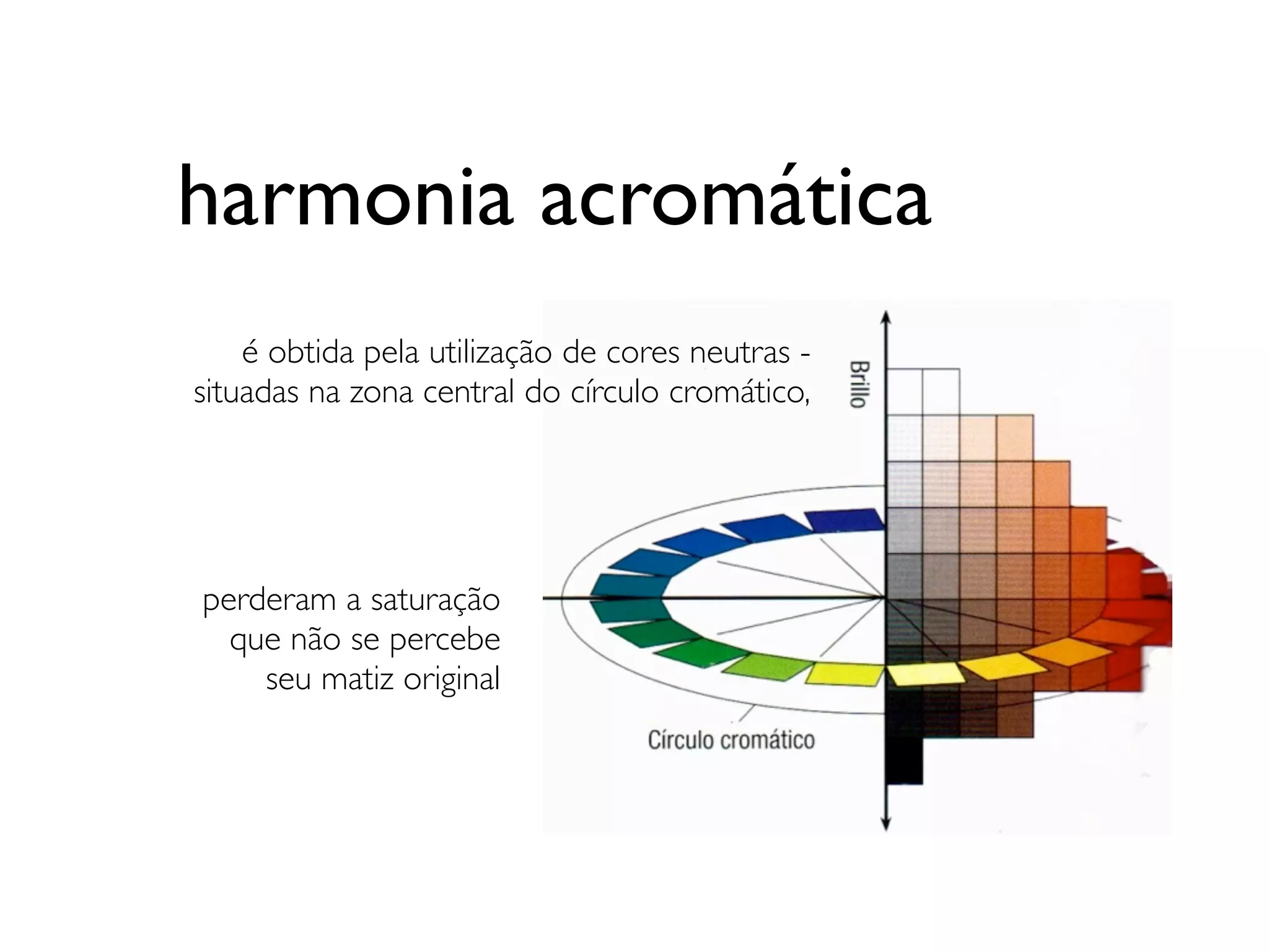 harmonia acromática
    é obtida pela utilização de cores neutras -
situadas na zona central do círculo cromático,




perderam a saturação
  que não se percebe
    seu matiz original
 