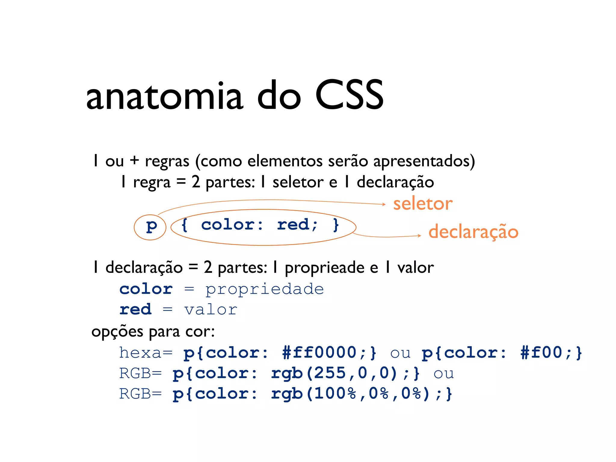 anatomia do CSS
1 ou + regras (como elementos serão apresentados)
	

 1 regra = 2 partes: 1 seletor e 1 declaração
	

 	

                                    seletor
	

 	

 p { color: red; }                      declaração
1 declaração = 2 partes: 1 proprieade e 1 valor
	

 color = propriedade
    red = valor
opções para cor:
	

 hexa= p{color: #ff0000;} ou p{color: #f00;}
    RGB= p{color: rgb(255,0,0);} ou
    RGB= p{color: rgb(100%,0%,0%);}
 