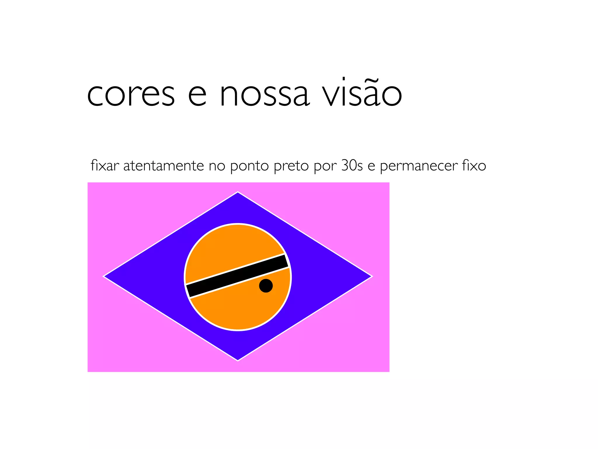 cores e nossa visão
ﬁxar atentamente no ponto preto por 30s e permanecer ﬁxo
 