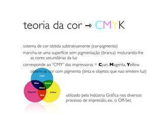 teoria da cor ⇾ CMYK
sistema de cor obtida subtrativamente (cor-pigmento)
mancha-se uma superfície sem pigmentação (branca) misturando-lhe
	

 as cores secundárias da luz
corresponde ao “CMY” das impressoras = Cyan, Magenta, Yellow
	

 obtem-se cor com pigmento (tinta e objetos que nao emitem luz)




                      utilizado pela Indústria Gráﬁca nos diversos
                      processo de impressão, ex.: o Off-Set,
 