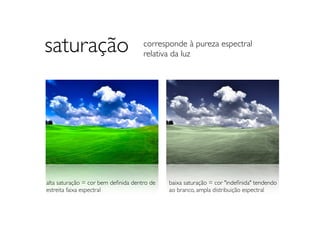 saturação                            corresponde à pureza espectral
                                     relativa da luz




alta saturação = cor bem deﬁnida dentro de   baixa saturação = cor "indeﬁnida" tendendo
estreita faixa espectral                     ao branco, ampla distribuição espectral
 