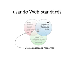 usando Web standards
     HTML                                 CSS
     Estrutura e                Apresentação
     conteúdo                   Look and Feel
     da página.                 Interatividade
     Interatividade                    simples
     básica.




                      JavaScript
                Manipulação via Script.
                    Alto nível de
                   Interatividade.



    Sites e aplicações Modernas
 