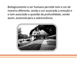 Biologicamente o ser humano percebe tom e cor de maneira diferente, sendo a cor associada a emoção e o tom associado a questão da profundidade, sendo assim, essencial para a sobrevivência. 