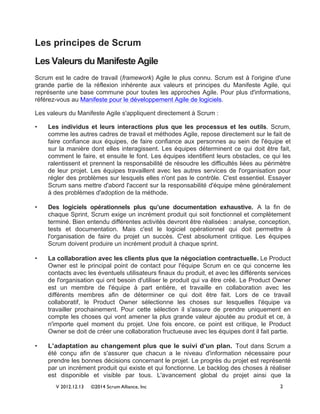V 2012.12.13 ©2014 Scrum Alliance, Inc 2
	
  
Les principes de Scrum
	
  
Les Valeurs du Manifeste Agile
	
  
Scrum est le...