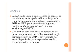 GAMUT
 Gamut   nada mais é que a escala de cores que
  um sistema de cor pode exibir ou imprimir.
  Uma cor que pode ser mostrada nos modelos
  RGB ou HSB, pode estar fora do gamut
  (portanto não será impressa) de uma
  configuração CMYK .
 O gamut de cores em RGB compreende as
  cores que podem ser exibidas no monitor, já o
  gamut de cores de CMYK corresponde as
  cores disponíveis para impressão, sendo o
  menor de todos os modos;
 