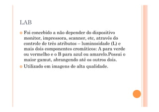 LAB
  Foi concebido a não depender do dispositivo
   monitor, impressora, scanner, etc, através do
   controle de três atributos – luminosidade (L) e
   mais dois componentes cromáticos: A para verde
   ou vermelho e o B para azul ou amarelo.Possui o
   maior gamut, abrangendo até os outros dois.
  Utilizado em imagens de alta qualidade.
 