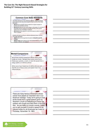 The Core Six: The Right Research‐Based Strategies for 
Building 21st Century Learning Skills




                 Common Core State Standards
          This lesson will focus on the Gettysburg Address. Teaching students
          how to read primary documents supports these Common Core State
          Standards:
          • [RH.6-8.1] Cite specific textual evidence to support analysis of
             primary and secondary sources.
          • [RH.6-8.2] Determine the central ideas or information of a primary or
             secondary source; provide an accurate summary of the source
                        y         p                           y
             distinct from prior knowledge or opinions.
          • [RH.6-8.6] Identify aspects of a text that reveal an author’s point of
             view or purpose.

          Students will also be writing an editorial addressing these Common
          Core State Standards:
          • [WHST.6-8.1] Write arguments focused on discipline-specific
             content.
          • [WHST.6-8.9] Draw evidence from informational texts to support
             analysis, reflection, and research.




        Mental Companions
         We all have mental companions whose voices reside 
         inside our minds.  Perhaps these voices come from a 
         friend, your parents, a coach, or even the words from a 
         song, a poem, or a famous person.

         What voices have helped you to define who you are?  
         Identify one of these voices and explain how it has 
         influenced you.




          There are many famous Americans whose
          voices have played an important role in our
          American heritage. Today we’re going to look
          at the words from a great speech given by
          Abraham Li
          Ab h      Lincoln at G tt b
                          l t Gettysburg t hto honor th
                                                     the
          soldiers who fought and died there in the Civil
          War. As you listen to Lincoln’s words, I want
          you to ask yourself if Lincoln’s speech is as
          relevant today for all Americans as it was on
          Thursday, November 19, 1863.




                                                                                     11
 
