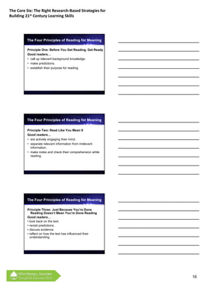 The Core Six: The Right Research‐Based Strategies for 
Building 21st Century Learning Skills




         The Four Principles of Reading for Meaning

          Principle One: Before You Get Reading, Get Ready
          Good readers…
          • call up relevant background knowledge.
          • make predictions.
          • establish their purpose for reading.




         The Four Principles of Reading for Meaning

          Principle Two: Read Like You Mean It
          Good readers…
          • are actively engaging their mind.
          • separate relevant information from irrelevant
            information.
          • make notes and check their comprehension while
            reading.




         The Four Principles of Reading for Meaning

          Principle Three: Just Because You’re Done
             Reading Doesn’t Mean You’re Done Reading
          Good readers…
          • look back on the text.
          • revisit predictions.
          • discuss evidence.
          • reflect on how the text has influenced their
            understanding.




                                                             16
 