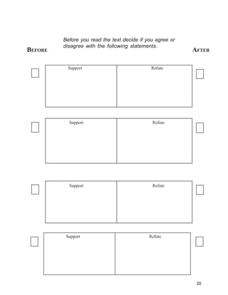 Before you read the text decide if you agree or
         disagree with the following statements.
BEFORE                                                     AFTER

           Support                            Refute




           Support                            Refute




           Support                            Refute




          Support                            Refute




                                                            20
 