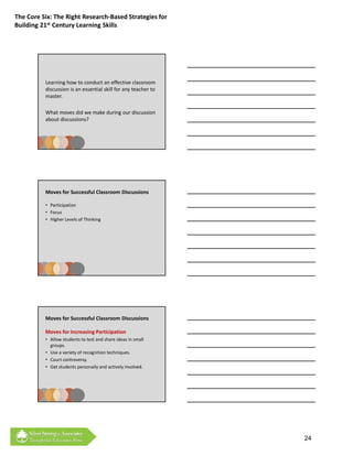 The Core Six: The Right Research‐Based Strategies for 
Building 21st Century Learning Skills




          Learning how to conduct an effective classroom 
          discussion is an essential skill for any teacher to 
          master.

          What moves did we make during our discussion 
          about discussions?




          Moves for Successful Classroom Discussions

          • Participation
          • Focus
          • Higher Levels of Thinking




          Moves for Successful Classroom Discussions

          Moves for Increasing Participation
          • Allow students to test and share ideas in small 
            groups.
          • Use a variety of recognition techniques.
                        y        g             q
          • Court controversy.
          • Get students personally and actively involved.




                                                                 24
 