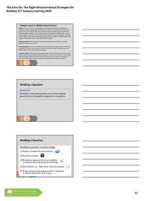 The Core Six: The Right Research‐Based Strategies for 
Building 21st Century Learning Skills



           Sample Lesson 3: Middle School Science
         Purpose. As part of their unit on genetics, Carla Giordana’s students are exploring the 
         controversy related to genetically modified foods. Carla wants students to formulate and 
         express their own opinions about this controversial topic through discussion. Before the 
         discussion begins, students read two brief articles on genetically modified foods—one for 
         and one against. They also use the Physical Barometer tool to group themselves according 
         to the strength of their opinions (Strongly Oppose, Oppose, Support, Strongly Support) and 
         engage in initial discussion in smaller opinion based groups.

         Sparking questions. What roles do values and morals play when it comes to scientific 
         progress? Can science go too far?

         Focusing questions. How can we decide whether the benefits of genetically modified food 
         outweigh the concerns and risks surrounding it? What role should the public play in this 
         debate? What role should the government play?

         Synthesis activity. Students group themselves again using the Physical Barometer tool and 
         explain why their positions did or did not change as a result of the discussion. Each Physical 
         Barometer group develops a public service announcement that either warns against or 
         touts the benefits of genetically modified food, depending on the group’s position.




           Kindling a Question
           What is it?
           Kindling is a tool that teachers use to help students 
           generate more thoughtful responses to a question.




           Kindling a Question

          “Kindling a question” involves 5 steps:
            1. Prepare students for the question.

            2. Pose the question.
            2. Pose the question

            3. Provide an opportunity for all students                                 
               to respond by using provisional writing.

            4. Pair students up.  Have them share & compare.

            5. Probe, prompt, and praise students’ responses                  
               to stretch their t h i n k i n g .
                                                                                                   75




                                                                                                           30
 