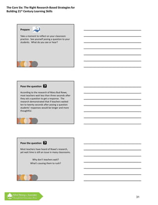 The Core Six: The Right Research‐Based Strategies for 
Building 21st Century Learning Skills




          Prepare

          Take a moment to reflect on your classroom 
          practice.  See yourself posing a question to your 
          students.  What do you see or hear?




          Pose the question

          According to the research of Mary Bud Rowe, 
          most teachers wait less than three seconds after 
          they ask a question to get a response.  The 
          research demonstrated that if teachers waited 
          ten to twenty seconds after posing a question 
          students’ responses would be longer and more 
          thoughtful.




          Pose the question

          Most teachers have heard of Rowe’s research, 
          yet wait time is still an issue in many classrooms.

                     Why don’t teachers wait?
                     Why don’t teachers wait? 
                    What’s causing them to rush?




                                                                31
 