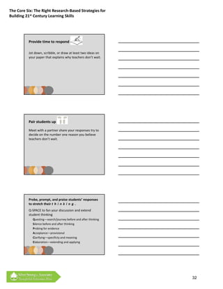The Core Six: The Right Research‐Based Strategies for 
Building 21st Century Learning Skills




          Provide time to respond

          Jot down, scribble, or draw at least two ideas on 
          your paper that explains why teachers don’t wait.




          Pair students up

          Meet with a partner share your responses try to 
          decide on the number one reason you believe 
          teachers don’t wait.




          Probe, prompt, and praise students’ responses         
          to stretch their t h i n k i n g .
          Q‐SPACE to fan your discussion and extend 
          student thinking
             Questing—search/journey before and after thinking
             Silence before and after thinking
             Silence before and after thinking
             Probing for evidence
             Acceptance—provisional
             Clarifying—specificty and meaning
             Elaboration—extending and applying




                                                                   32
 