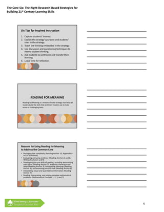 The Core Six: The Right Research‐Based Strategies for 
Building 21st Century Learning Skills




          Six Tips for Inspired Instruction
          1. Capture students’ interest.
          2. Explain the strategy’s purpose and students’ 
             roles in the strategy.
          3. Teach the thinking embedded in the strategy.
          4. Use discussion and questioning techniques to 
             extend student thinking.
          5. Ask students to synthesize and transfer their 
             learning.
          6. Leave time for reflection.




                     READING FOR MEANING
           Reading for Meaning is a research‐based strategy that helps all 
           readers build the skills that proficient readers use to make 
           sense of challenging texts.




          Reasons for Using Reading for Meaning
          to Address the Common Core
          • Managing text complexity (Reading Anchor 10, Appendix A 
            in ELA Standards)
          • Evaluating and using evidence (Reading Anchors 1 and 8, 
            Writing Anchors 1 and 9)
          • Developing the core skills of reading, including determining 
            main ideas (Reading Anchor 2) analyzing characters and
            main ideas (Reading Anchor 2), analyzing characters and 
            ideas (Reading Anchor 3), interpreting meanings (Reading 
            Anchor 4), and assessing point of view (Reading Anchor 6).
          • Interpreting visual and quantitative information (Reading 
            Anchor 7)
          • Reading, interpreting, and solving complex mathematical 
            problems (Mathematical Practices 1, 2, 3, and 7)




                                                                              4
 