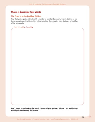 Part 1: Learning the Compare & Contrast Strategy




Phase 4: Exercising Your Words

The Proof Is in the Pudding Writing
Now that you’ve gotten intimate with a number of weird and wonderful words, it’s time to put
those words to use. Use Figure 1.24 below to write a short, creative piece that uses at least five
of the nine words.

    Figure 1.24: Activity – Parawriting




Don’t forget to go back to the fourth column of your glossary (Figure 1.17) and list the
techniques used during this lesson.



                                                                                                               53   31
        Silver Strong & Associates • Thoughtful Education Press • www.ThoughtfulClassroom.com • 800.962.4432
 