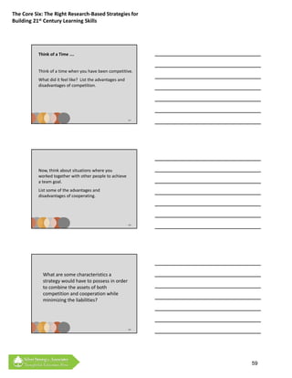 The Core Six: The Right Research‐Based Strategies for 
Building 21st Century Learning Skills




           Think of a Time ….


           Think of a time when you have been competitive.  
           What did it feel like?  List the advantages and 
           di d t           f         titi
           disadvantages of competition.




                                                              127




           Now, think about situations where you 
           worked together with other people to achieve 
           a team goal.
           Li t
           List some of the advantages and 
                      f th d t           d
           disadvantages of cooperating.




                                                              128




             What are some characteristics a 
             strategy would have to possess in order 
             to combine the assets of both 
             competition and cooperation while
             competition and cooperation while 
             minimizing the liabilities?




                                                              129




                                                                    59
 