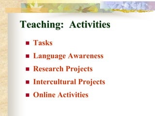 Teaching: Activities
    Tasks
    Language Awareness
    Research Projects
    Intercultural Projects
    Online Activities
 