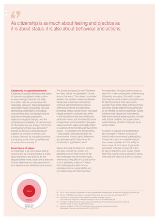 Citizenship in a globalised world
Citizenship is usually defined as the status
of a person recognised under custom
or law as being a member of a state,
so is often seen as synonymous with
nationality. However, ‘Rapid globalisation
and modernisation are posing new and
demanding challenges to individuals
and societies alike. Increasingly diverse
and interconnected populations,
rapid technological change… and the
instantaneous availability of vast amounts
of information are just a few of the factors
contributing to these new demands.’ 47
People are being increasingly bound
together by common interests, and
a shared fate and ‘As a result humankind
is acquiring some of the broad features
of a political community.’ 48
Importance of values
As citizenship is as much about feeling
and practice as it is about status, it is also
about behaviour and actions. As the
diagram below shows, values are at the core
of what determine our attitudes which in
turn determine our behaviour and actions.
Values
Attitudes
Actions and
behaviours
The Schwartz Values Survey 49
identified
ten basic values recognised in cultures
around the world. The values ‘circumplex’
explains the dynamic relations between
values and shows two motivational
continua: self-enhancement versus
self-transcendence and openness
to change versus conservation. Individual
people and even countries may differ
in the importance that they attribute to
particular values, but the same structure
of opposition and compatibility between
values seems to apply universally. There
is evidence of the link between two of the
values – universalism and benevolence
– and people’s attitudes towards the
environment, human rights, difference,
and global poverty, 50
key issues for
citizenship in a globalised world.
Values also help to determine whether
one sees oneself as a citizen in a
globalised world, where some of the
key challenges may be human rights,
democracy, inequality and social justice
or as a ‘planetary creature’ 51
where
the challenges may also include
interdependence, sustainability and
our relationship with the biosphere.
An exploration of values and concepts is
central to understanding and implementing
citizenship education. It is useful to give
both teachers and students an opportunity
to identify some of their own values,
consider how these relate to those of their
countries and to explore those perceived
to be needed for active citizenship. Values
underlie what people are motivated to
take action on and exploring them critically
with school students can support their
understanding of what it means to be an
active citizen.
An ability to unpack and problematise
key concepts in relation to issues of
human and environmental sustainability
is important, as is an understanding of
how power operates and the ability to
use a range of techniques to generate
and select potential courses of action
to take in relation to such issues. These
skills help support young people in taking
informed and effective action as citizens.
47.	 OECD (2005) Pisa And The Definition Of Key Competencies. Available online at: www.oecd.org/pisa/35070367.pdf
48.	 Parekh, B (2003) Cosmopolitanism and Global Citizenship. Review of International Studies 29: 3–17.
49.	 Schwartz, SH (2006) Basic human values: an overview. Available online at:
http://segr-did2.fmag.unict.it/Allegati/convegno 7-8-10-05/Schwartzpaper.pdf
50.	 Crompton, T (2010) Common Cause: the Case for Working with Cultural Values and Frames. WWF-UK.
Available online at: http://valuesandframes.org/
51.	 Spivak in Andreotti, V (2011) The political economy of global citizenship education.
Globalisation, Societies and Education 9/3–4: 307–310.
As citizenship is as much about feeling and practice as
it is about status, it is also about behaviour and actions.
18
 