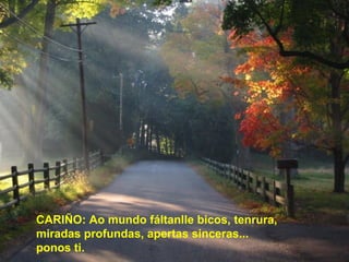 CARIÑO: Ao mundo fáltanlle bicos, tenrura,
miradas profundas, apertas sinceras...
ponos ti.
 