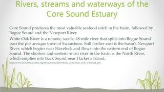 Core Sound produces the most valuable seafood catch in the basin, followed by
Bogue Sound and the Newport River.
White Oak River is a remote, scenic, 48-mile river that spills into Bogue Sound
past the picturesque town of Swansboro. Still farther east is the basin’s Newport
River, which begins near Havelock and flows into the eastern end of Bogue
Sound. The shortest and eastern -most river in the basin is the North River,
which empties into Back Sound near Harker's Island.
http://www.eenorthcarolina.org/Documents/RiverBasin_pdfs/final_web_whiteoak.pdf
Rivers, streams and waterways of the
Core Sound Estuary
 