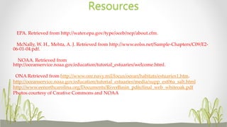 EPA. Retrieved from http://water.epa.gov/type/oceb/nep/about.cfm.
McNally, W. H., Mehta, A. J. Retrieved from http://www.eolss.net/Sample-Chapters/C09/E2-
06-01-04.pdf.
NOAA. Retrieved from
http://oceanservice.noaa.gov/education/tutorial_estuaries/welcome.html.
ONA Retrieved from http://www.onr.navy.mil/focus/ocean/habitats/estuaries1.htm.
http://oceanservice.noaa.gov/education/tutorial_estuaries/media/supp_est06a_salt.html
http://www.eenorthcarolina.org/Documents/RiverBasin_pdfs/final_web_whiteoak.pdf
Photos courtesy of Creative Commons and NOAA
Resources
 