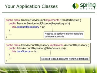 Your Application Classes public class  TransferServiceImpl  implements  TransferService { public  TransferServiceImpl(AccountRepository ar) { this . accountRepository  = ar; } … } public class  JdbcAccountRepository  implements  AccountRepository { public  JdbcAccountRepository(DataSource ds) { this . dataSource  = ds; } … } Needed to load accounts from the database Needed to perform money transfers between accounts 