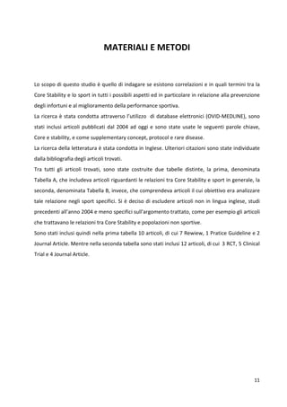 MATERIALI E METODI

Lo scopo di questo studio è quello di indagare se esistono correlazioni e in quali termini tra la
Core Stability e lo sport in tutti i possibili aspetti ed in particolare in relazione alla prevenzione
degli infortuni e al miglioramento della performance sportiva.
La ricerca è stata condotta attraverso l’utilizzo di database elettronici (OVID-MEDLINE), sono
stati inclusi articoli pubblicati dal 2004 ad oggi e sono state usate le seguenti parole chiave,
Core e stability, e come supplementary concept, protocol e rare disease.
La ricerca della letteratura è stata condotta in Inglese. Ulteriori citazioni sono state individuate
dalla bibliografia degli articoli trovati.
Tra tutti gli articoli trovati, sono state costruite due tabelle distinte, la prima, denominata
Tabella A, che includeva articoli riguardanti le relazioni tra Core Stability e sport in generale, la
seconda, denominata Tabella B, invece, che comprendeva articoli il cui obiettivo era analizzare
tale relazione negli sport specifici. Si è deciso di escludere articoli non in lingua inglese, studi
precedenti all’anno 2004 e meno specifici sull'argomento trattato, come per esempio gli articoli
che trattavano le relazioni tra Core Stability e popolazioni non sportive.
Sono stati inclusi quindi nella prima tabella 10 articoli, di cui 7 Rewiew, 1 Pratice Guideline e 2
Journal Article. Mentre nella seconda tabella sono stati inclusi 12 articoli, di cui 3 RCT, 5 Clinical
Trial e 4 Journal Article.

11

 