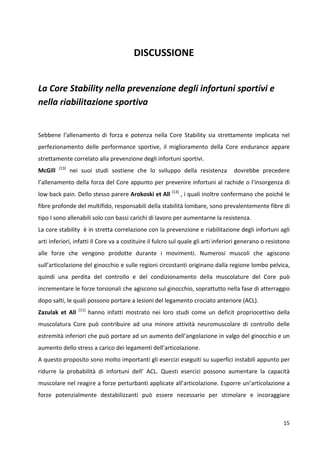 DISCUSSIONE
La Core Stability nella prevenzione degli infortuni sportivi e
nella riabilitazione sportiva

Sebbene l’allenamento di forza e potenza nella Core Stability sia strettamente implicata nel
perfezionamento delle performance sportive, il miglioramento della Core endurance appare
strettamente correlato alla prevenzione degli infortuni sportivi.
McGill

(13)

nei suoi studi sostiene che lo sviluppo della resistenza

dovrebbe precedere

l’allenamento della forza del Core appunto per prevenire infortuni al rachide o l’insorgenza di
low back pain. Dello stesso parere Arokoski et All (13) , i quali inoltre confermano che poiché le
fibre profonde del multifido, responsabili della stabilità lombare, sono prevalentemente fibre di
tipo I sono allenabili solo con bassi carichi di lavoro per aumentarne la resistenza.
La core stability è in stretta correlazione con la prevenzione e riabilitazione degli infortuni agli
arti inferiori, infatti Il Core va a costituire il fulcro sul quale gli arti inferiori generano o resistono
alle forze che vengono prodotte durante i movimenti. Numerosi muscoli che agiscono
sull’articolazione del ginocchio e sulle regioni circostanti originano dalla regione lombo pelvica,
quindi una perdita del controllo e del condizionamento della muscolature del Core può
incrementare le forze torsionali che agiscono sul ginocchio, soprattutto nella fase di atterraggio
dopo salti, le quali possono portare a lesioni del legamento crociato anteriore (ACL).
Zazulak et All

(11)

hanno infatti mostrato nei loro studi come un deficit propriocettivo della

muscolatura Core può contribuire ad una minore attività neuromuscolare di controllo delle
estremità inferiori che può portare ad un aumento dell’angolazione in valgo del ginocchio e un
aumento dello stress a carico dei legamenti dell’articolazione.
A questo proposito sono molto importanti gli esercizi eseguiti su superfici instabili appunto per
ridurre la probabilità di infortuni dell’ ACL. Questi esercizi possono aumentare la capacità
muscolare nel reagire a forze perturbanti applicate all’articolazione. Esporre un’articolazione a
forze potenzialmente destabilizzanti può essere necessario per stimolare e incoraggiare

15

 