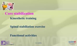  Core stabilization
Kinesthetic training
Spinal stabiliation exercise
Functional activities
Core stability
 